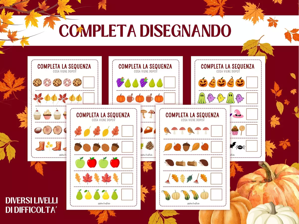 Pacchetto Attività di Logica Autunnali - Pattern | Sequenze e Ritmi | Infanzia e Prima Elementare (4-6 anni) | Early Algebra, Completa il Ritmo, Disegni dell'Autunno Esercizi - Pacchetto Attività di Logica Autunnali - Pattern | Sequenze e Ritmi | Infanzia e Prima Elementare (4-6 anni) | Early Algebra, Completa il Ritmo, Disegni dell'Autunno - Willow Tree Studio - Pagina di copertina