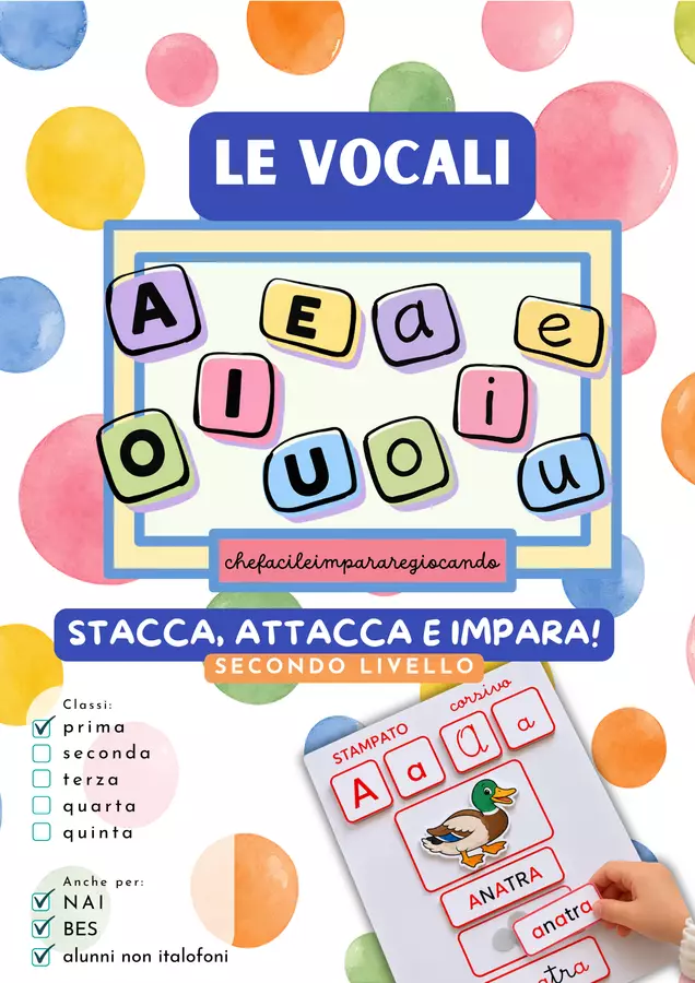 VOCALI STACCA ATTACCA E IMPARA SECONDO LIVELLO Esercizi - VOCALI STACCA ATTACCA E IMPARA SECONDO LIVELLO - chefacileimpararegiocando - Pagina di copertina