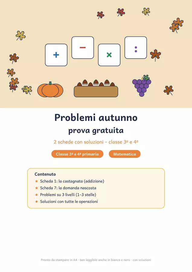Problemi autunno classe terza e quarta gratis: 2 schede Esercizi - Problemi autunno classe terza e quarta gratis: 2 schede - Chiaro e Corretto - Pagina di copertina