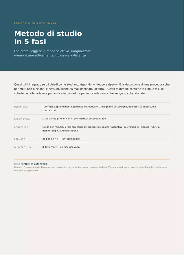 Metodo di studio in 5 fasi — materiale per tutor dell'apprendimento e DSA Materiale di supporto/inclusione - Metodo di studio in 5 fasi — materiale per tutor dell'apprendimento e DSA - Apprendifacile - Pagina di copertina