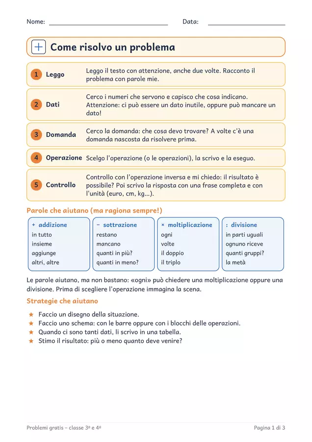 Problemi classe terza e quarta gratis: metodo e una scheda Esercizi - Problemi classe terza e quarta gratis: metodo e una scheda - Chiaro e Corretto - Pagina di copertina