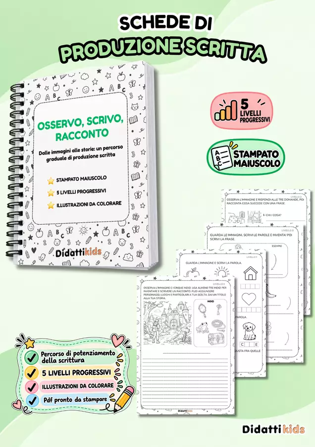 Schede produzione scritta stampato maiuscolo illustrate Materiale di supporto/inclusione - Schede produzione scritta stampato maiuscolo illustrate - DidattiKids 🌸 Silvia - Pagina di copertina