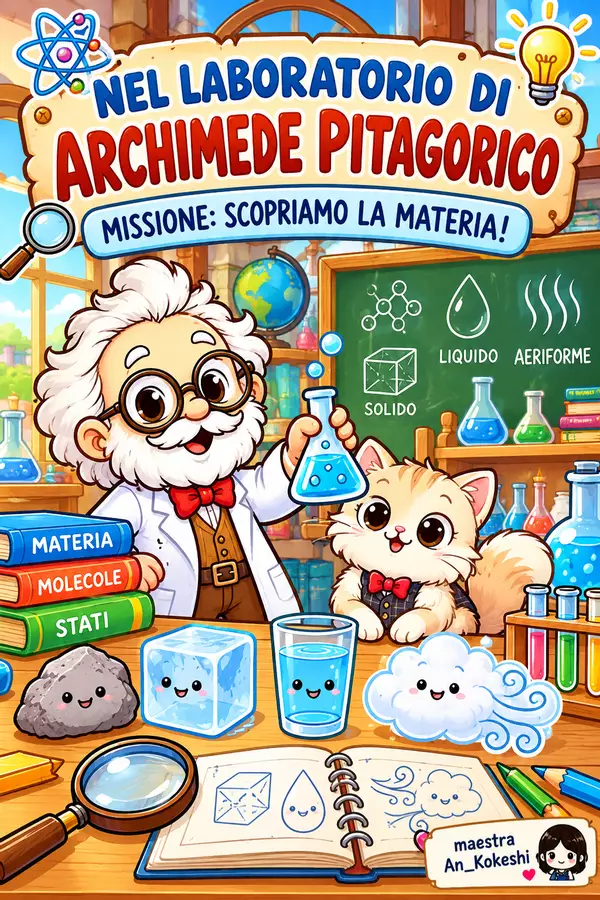 Nel laboratorio di Pitagorico alla scoperta della materia Materiale di supporto/inclusione - Nel laboratorio di Pitagorico alla scoperta della materia - Maestra An_ Kokeshi - Pagina di copertina