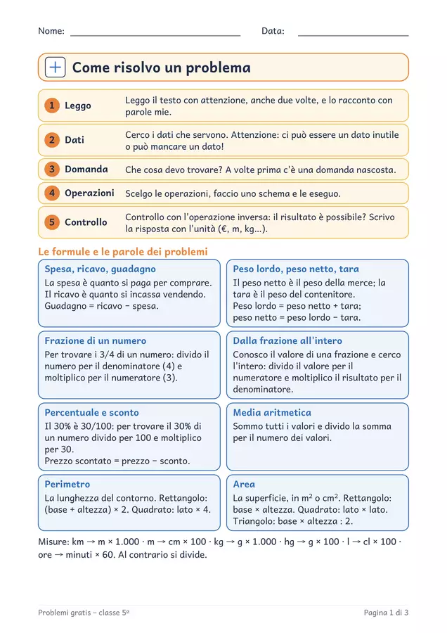 Problemi classe quinta gratis: formule e percentuali Esercizi - Problemi classe quinta gratis: formule e percentuali - Chiaro e Corretto - Pagina di copertina
