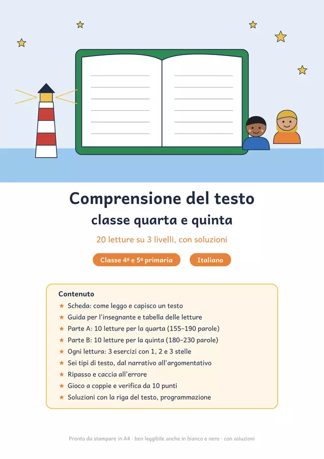 Comprensione del testo classe quarta e quinta: 20 letture Esercizi - Comprensione del testo classe quarta e quinta: 20 letture - Chiaro e Corretto - Pagina di copertina