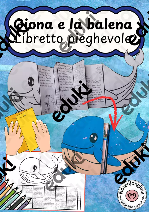 Giona e la balena: libretto pieghevole da colorare Esercizi - Giona e la balena: libretto pieghevole da colorare - Notenjonglina - Pagina di copertina