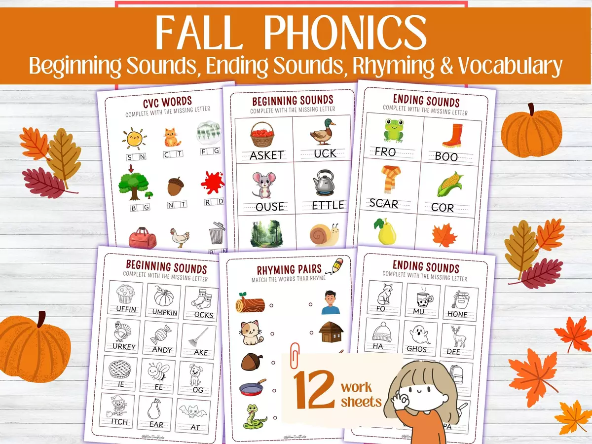 Fall Phonics & Literacy Worksheets | CVC, Beginning & Ending Sounds, Autumn Vocabulary - schede inglese autunno Esercizi - Fall Phonics & Literacy Worksheets | CVC, Beginning & Ending Sounds, Autumn Vocabulary - schede inglese autunno - Willow Tree Studio - Pagina di copertina