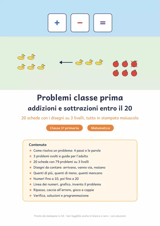 Problemi classe prima: addizioni e sottrazioni entro il 20 Esercizi - Problemi classe prima: addizioni e sottrazioni entro il 20 - Chiaro e Corretto - Pagina di copertina