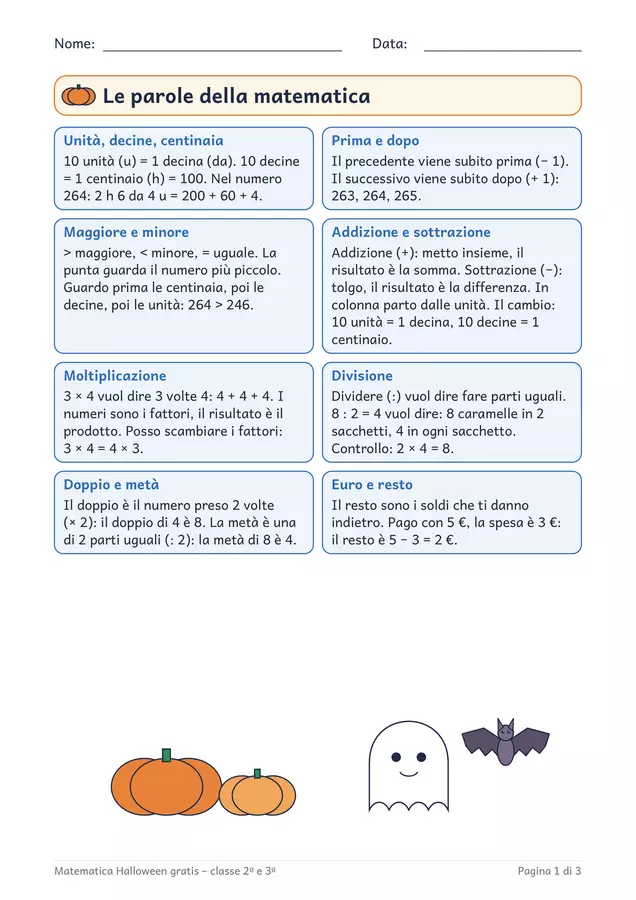 Matematica Halloween gratis: la bancarella, classe 2ª e 3ª Esercizi - Matematica Halloween gratis: la bancarella, classe 2ª e 3ª - Chiaro e Corretto - Pagina di copertina