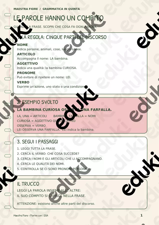 Le parti del discorso- classe quinta Materiale di supporto/inclusione - Le parti del discorso- classe quinta - Maestra Fiore - Fiorire con i DSA - Pagina di copertina