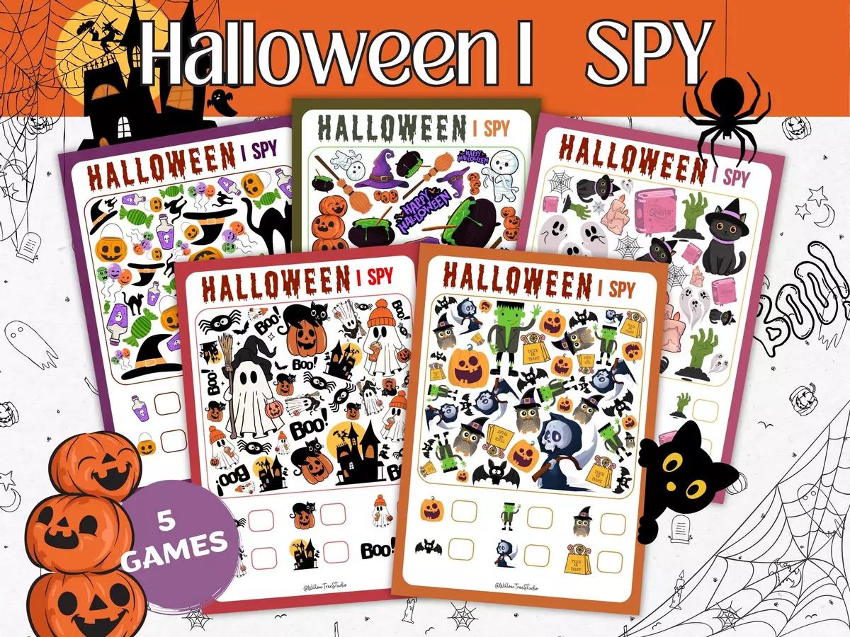 Halloween I SPY & Counting Worksheets, Cerca e Trova di Halloween Esercizi - Halloween I SPY & Counting Worksheets, Cerca e Trova di Halloween - Willow Tree Studio - Pagina di copertina