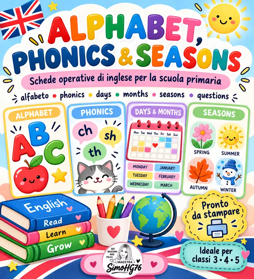 ENGLISH VISUAL HELP | Alphabet, Phonics, Calendar, Seasons & Weather ENGLISH BASICS PACK Esercizi - ENGLISH VISUAL HELP | Alphabet, Phonics, Calendar, Seasons & Weather ENGLISH BASICS PACK - Maestra SimoHG76 - Pagina di copertina