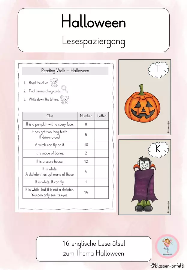 Halloween – Lesespaziergang Englisch | 16 Leserätsel | Klasse 3/4 Spiele - Halloween – Lesespaziergang Englisch | 16 Leserätsel | Klasse 3/4 - klassenkonfetti - Deckblatt