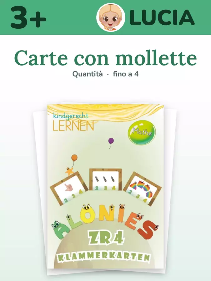 Carte a molletta fino a 4 | dai 3 anni Flashcard - Carte a molletta fino a 4 | dai 3 anni - Alonies – Impara Passo dopo Passo - Pagina di copertina