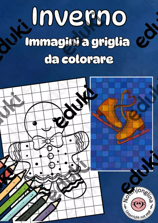 Inverno: disegni a griglia da colorare, contrasti Materiale per pittura e bricolage - Inverno: disegni a griglia da colorare, contrasti - Notenjonglina - Pagina di copertina