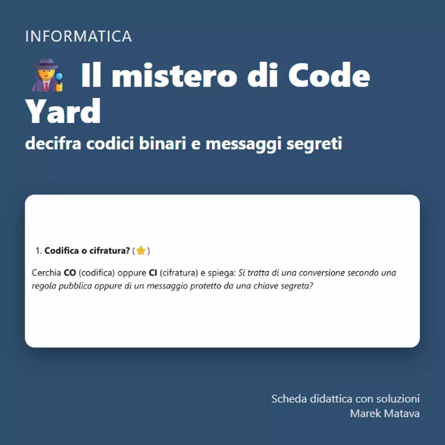 🕵️ Il mistero di Code Yard – decifra codici binari e messaggi segreti (classi prima–terza media) Esercizi - 🕵️ Il mistero di Code Yard – decifra codici binari e messaggi segreti (classi prima–terza media) - Marek Matava - Pagina di copertina