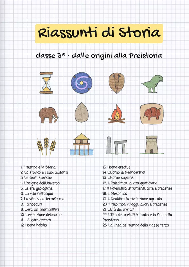 Riassunti di Storia classe 3ª: dalle origini della Terra alla Preistoria, con disegni e domande Materiale di supporto/inclusione - Riassunti di Storia classe 3ª: dalle origini della Terra alla Preistoria, con disegni e domande - Apprendifacile - Pagina di copertina