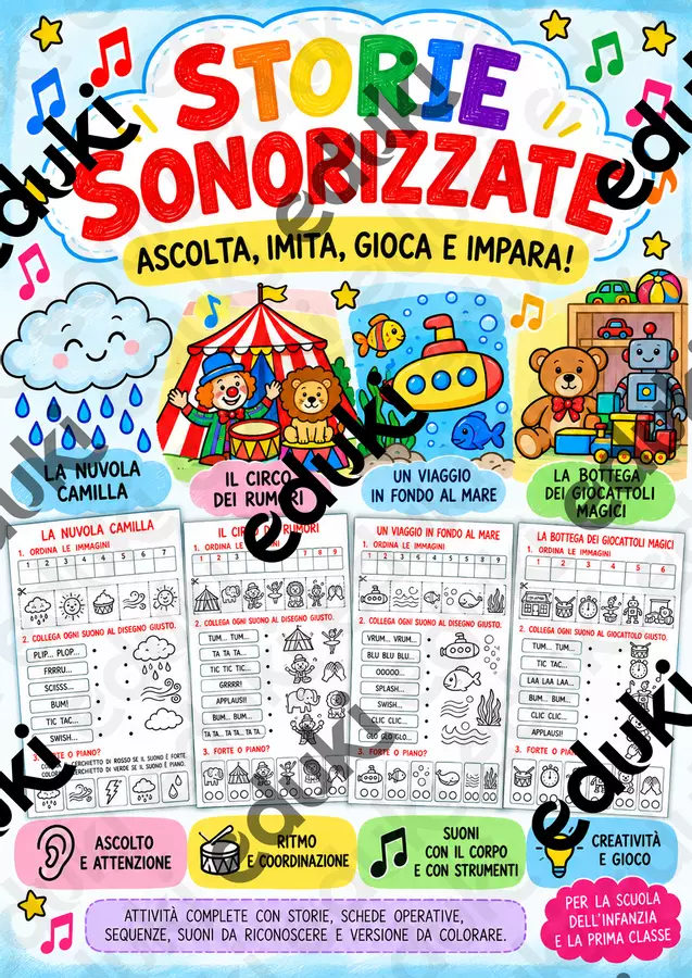 STORIE SONORIZZATE - Ascolta, imita, gioca e impara! Esercizi - STORIE SONORIZZATE - Ascolta, imita, gioca e impara! - Rimaestra - Didattica Mente - Pagina di copertina