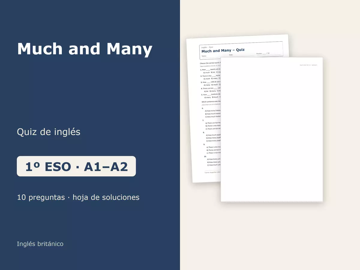 Much and Many – Quiz de inglés 1º ESO Evaluación - Much and Many – Quiz de inglés 1º ESO - The Teaching Couple - Portada