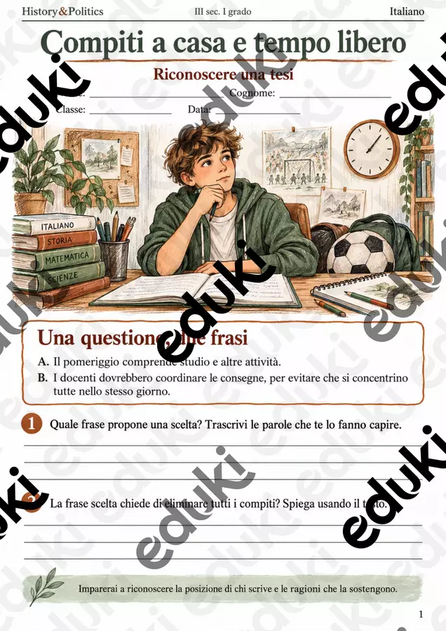 Riconoscere una tesi compiti a casa e tempo libero – fascicolo di Italiano, III sec. I grado Esercizi - Riconoscere una tesi compiti a casa e tempo libero – fascicolo di Italiano, III sec. I grado - History&Politics - Pagina di copertina