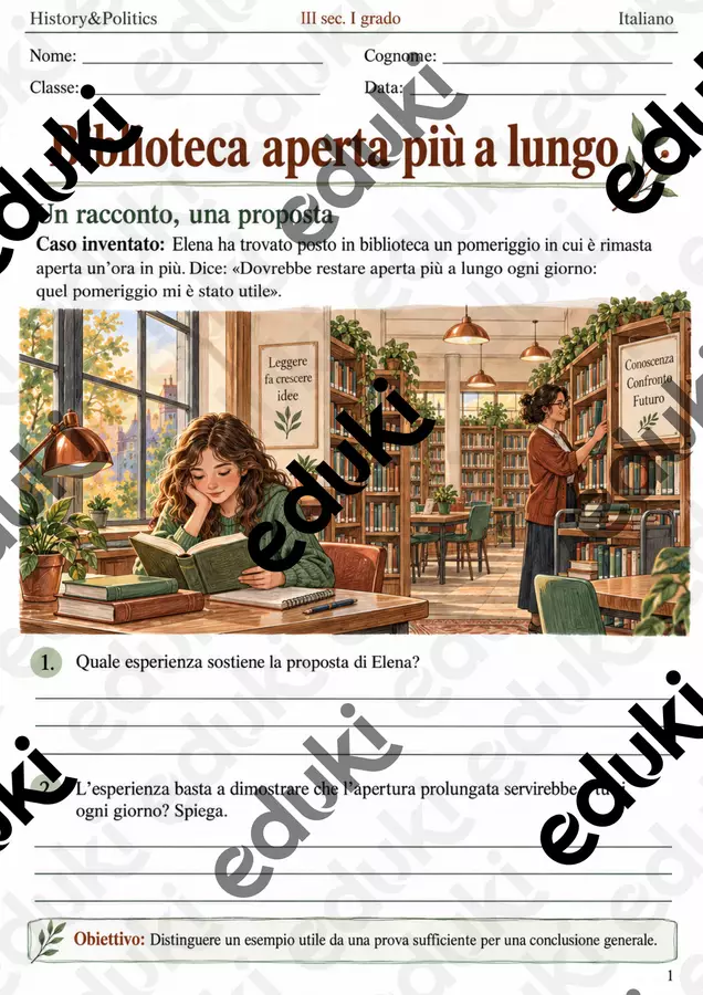 Valutare un esempio biblioteca aperta più a lungo – fascicolo di Italiano, III sec. I grado Esercizi - Valutare un esempio biblioteca aperta più a lungo – fascicolo di Italiano, III sec. I grado - History&Politics - Pagina di copertina