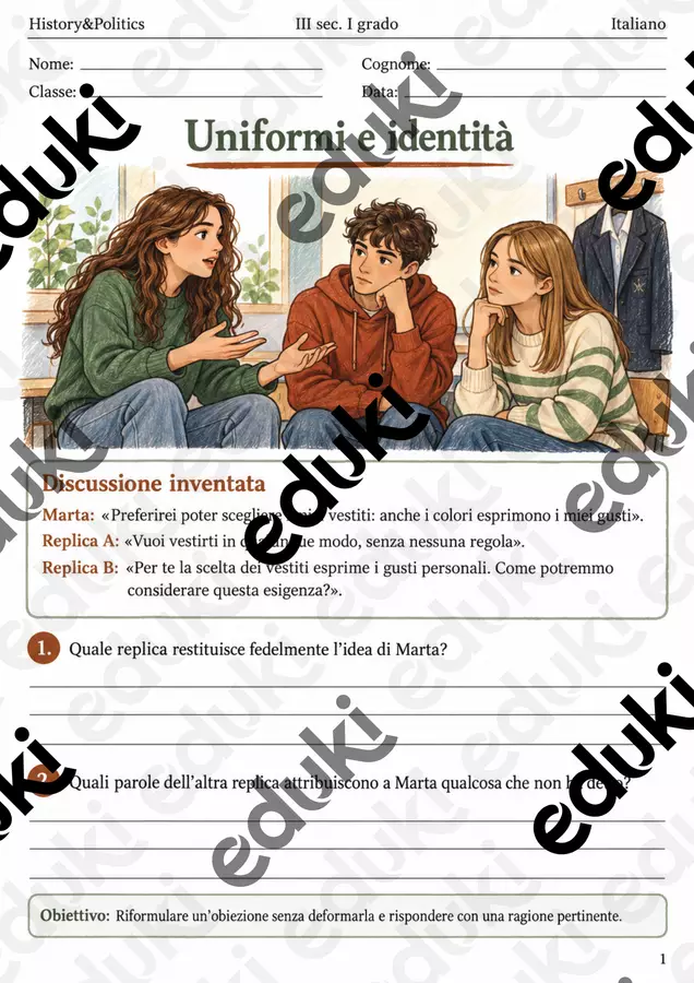 Discutere un’obiezione uniformi e identità – fascicolo di Italiano, III sec. I grado Esercizi - Discutere un’obiezione uniformi e identità – fascicolo di Italiano, III sec. I grado - History&Politics - Pagina di copertina
