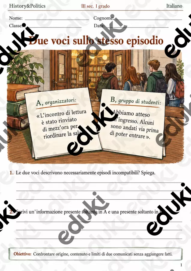 Confrontare le fonti due comunicati sullo stesso episodio – fascicolo di Italiano, III sec. I grado Esercizi - Confrontare le fonti due comunicati sullo stesso episodio – fascicolo di Italiano, III sec. I grado - History&Politics - Pagina di copertina