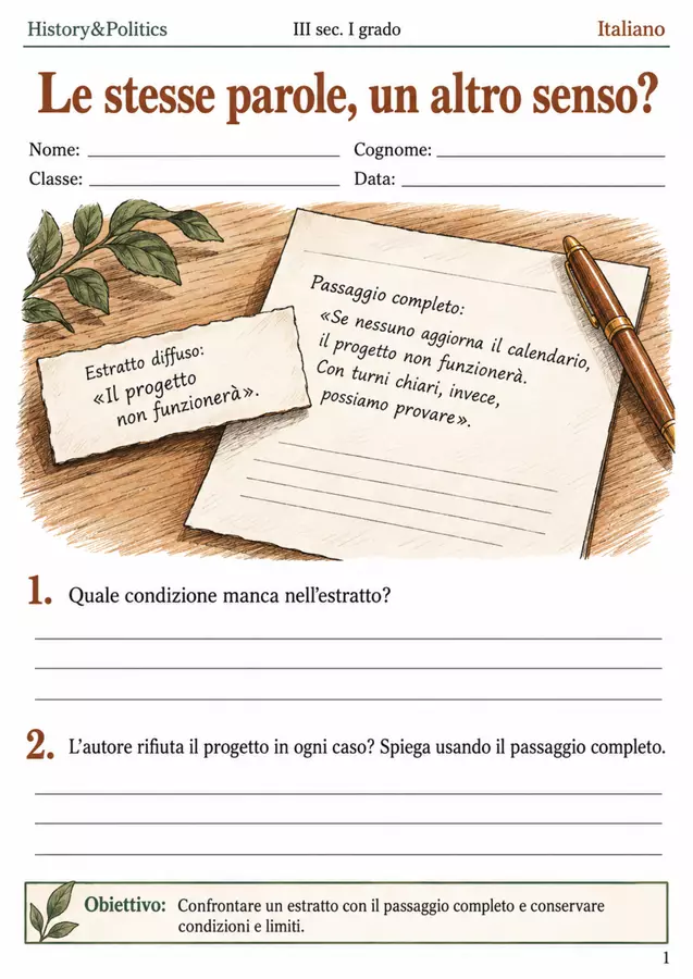 Citazioni fuori contesto recuperare il significato – fascicolo di Italiano, III sec. I grado Esercizi - Citazioni fuori contesto recuperare il significato – fascicolo di Italiano, III sec. I grado - History&Politics - Pagina di copertina
