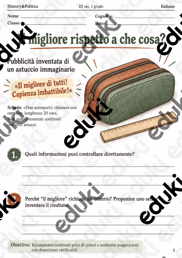 Superlativi nella pubblicità descrivere senza esagerare – fascicolo di Italiano, III sec. I grado Esercizi - Superlativi nella pubblicità descrivere senza esagerare – fascicolo di Italiano, III sec. I grado - History&Politics - Pagina di copertina