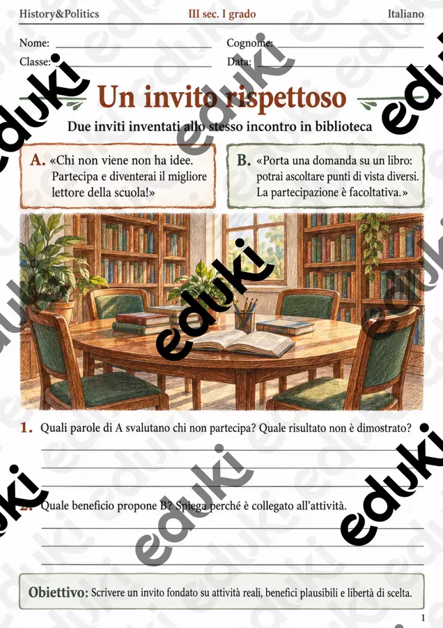 Scrivere un manifesto per la biblioteca persuadere con rispetto – fascicolo di Italiano, III sec. I grado Esercizi - Scrivere un manifesto per la biblioteca persuadere con rispetto – fascicolo di Italiano, III sec. I grado - History&Politics - Pagina di copertina
