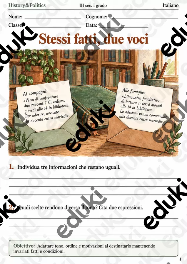 Adattare il registro due destinatari, stessi fatti – fascicolo di Italiano, III sec. I grado Esercizi - Adattare il registro due destinatari, stessi fatti – fascicolo di Italiano, III sec. I grado - History&Politics - Pagina di copertina