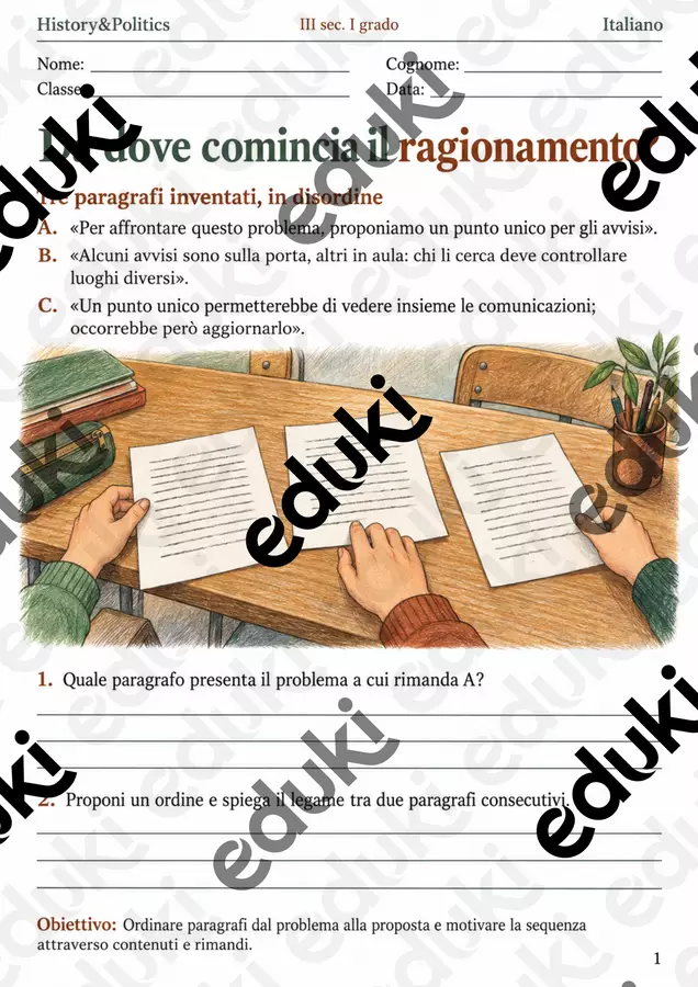 Ordinare i paragrafi dal problema alla proposta – fascicolo di Italiano, III sec. I grado Esercizi - Ordinare i paragrafi dal problema alla proposta – fascicolo di Italiano, III sec. I grado - History&Politics - Pagina di copertina