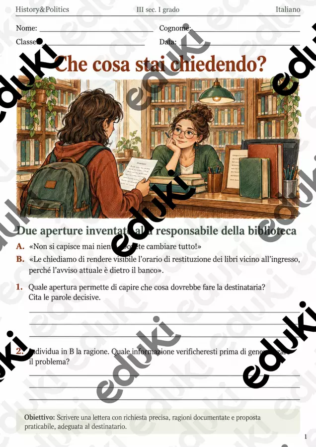 Scrivere una lettera motivata per un cambiamento a scuola – fascicolo di Italiano, III sec. I grado Esercizi - Scrivere una lettera motivata per un cambiamento a scuola – fascicolo di Italiano, III sec. I grado - History&Politics - Pagina di copertina