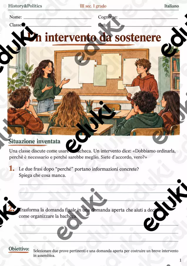 Preparare un intervento in assemblea prove e domande – fascicolo di Italiano, III sec. I grado Esercizi - Preparare un intervento in assemblea prove e domande – fascicolo di Italiano, III sec. I grado - History&Politics - Pagina di copertina