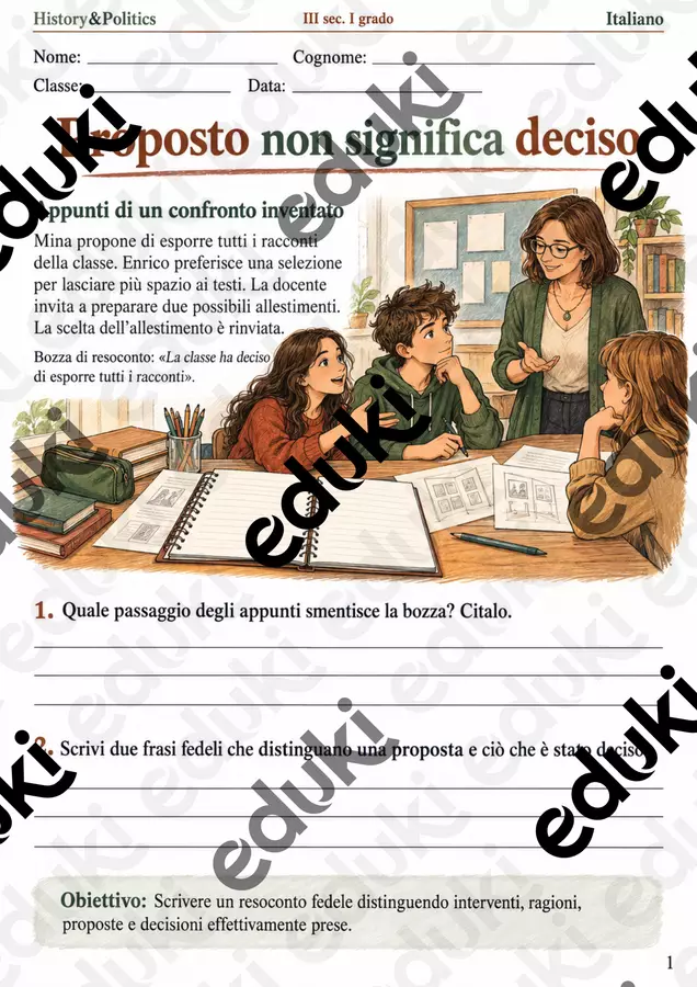 Scrivere il resoconto di un confronto – fascicolo di Italiano, III sec. I grado Esercizi - Scrivere il resoconto di un confronto – fascicolo di Italiano, III sec. I grado - History&Politics - Pagina di copertina