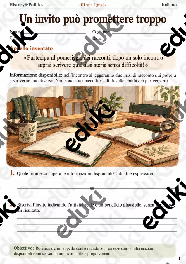 Rivedere un appello promesse e informazioni verificabili – fascicolo di Italiano, III sec. I grado Esercizi - Rivedere un appello promesse e informazioni verificabili – fascicolo di Italiano, III sec. I grado - History&Politics - Pagina di copertina