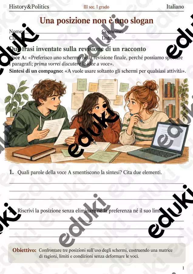 Uso degli schermi confrontare tre posizioni – fascicolo di Italiano, III sec. I grado Esercizi - Uso degli schermi confrontare tre posizioni – fascicolo di Italiano, III sec. I grado - History&Politics - Pagina di copertina