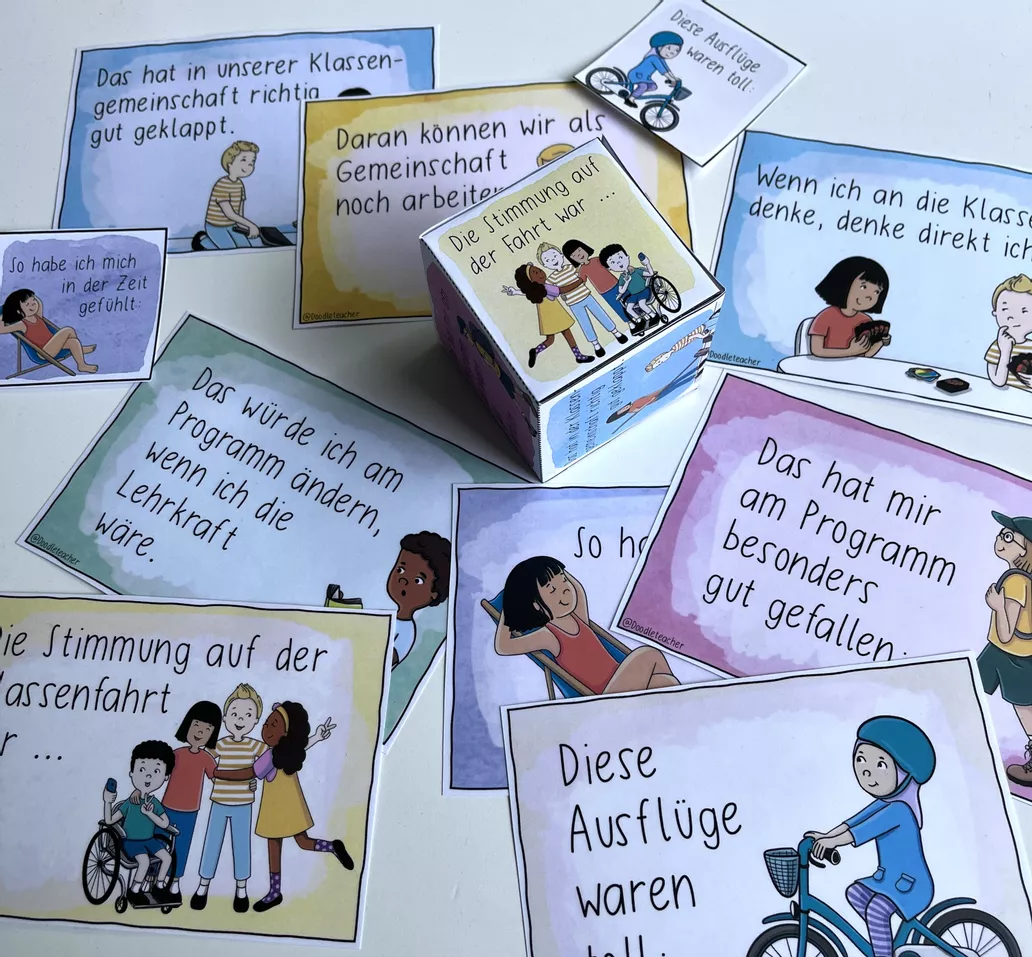Bild in der Beschreibung des Unterrichtsmaterials Klassenfahrt - Reflexionwürfel & Gesprächskarten Set von Doodleteacher #1