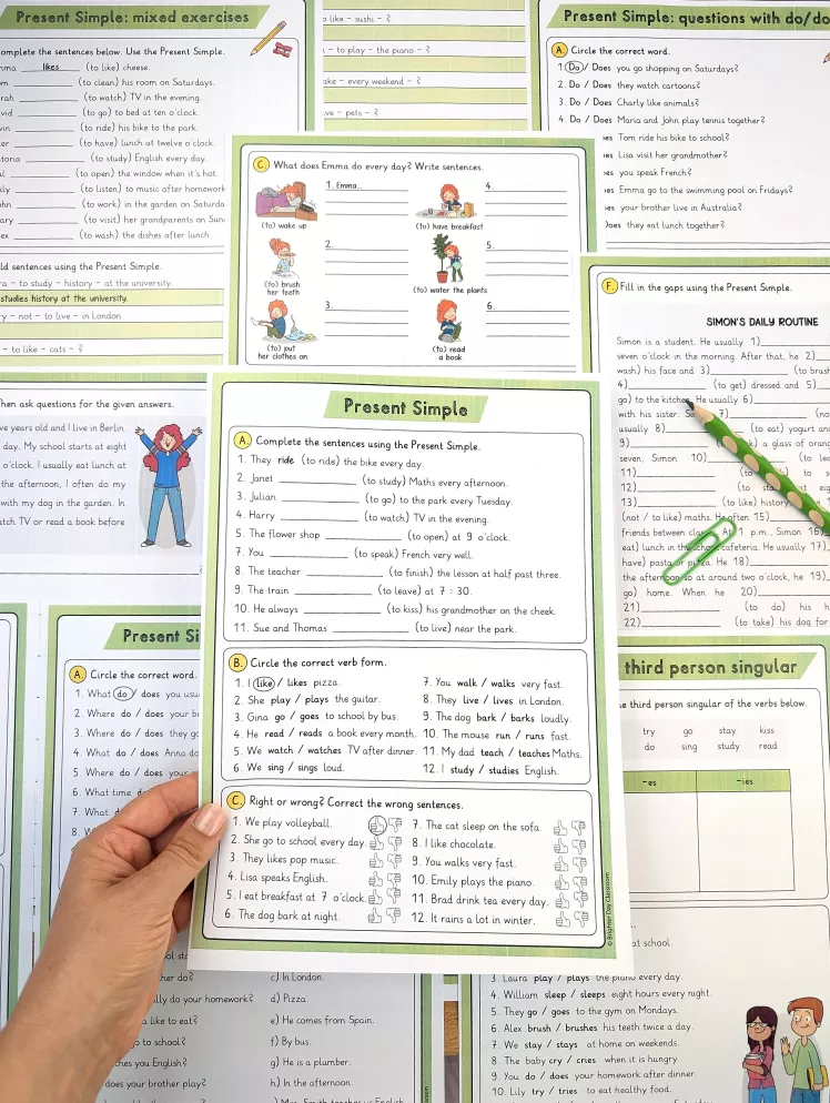 Bild in der Beschreibung des Unterrichtsmaterials Simple Present Worksheets Mega Pack: 16 Seiten (Englisch) von Brighter Day Classroom #1