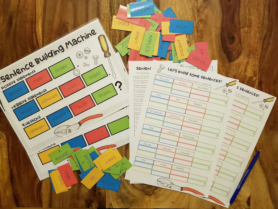 Bild in der Beschreibung des Unterrichtsmaterials Sentence Building Machine (positive/negative statements and questions im Simple Present) SATZSTRUKTUR Montessori von Unterrichtmitspass #1