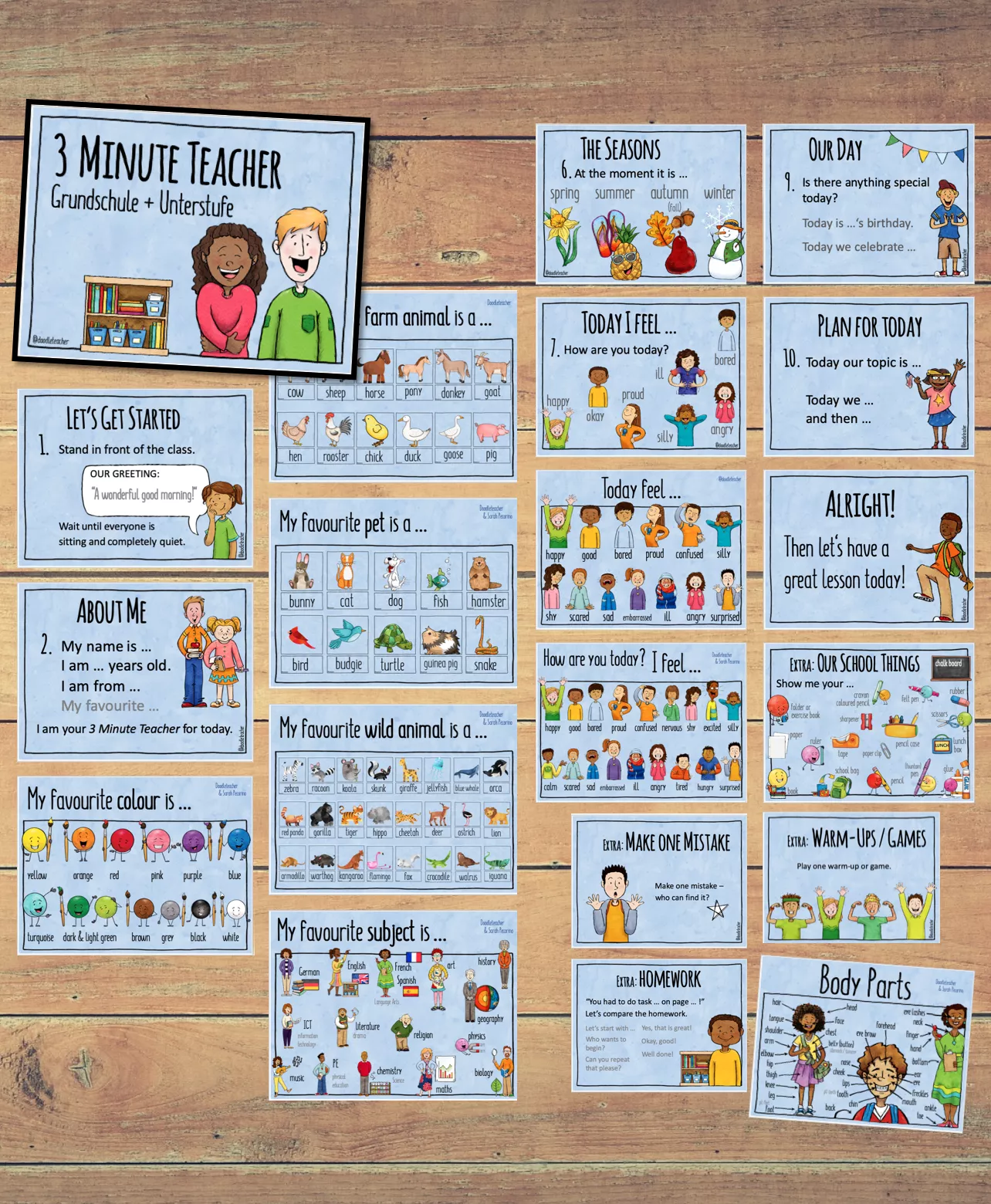 Bild in der Beschreibung des Unterrichtsmaterials 3 Minute Teacher, Flashcards & Poster PAKET 🇬🇧🧒🏼👧🏽 Grundschule Englisch / Sek 1 von Doodleteacher #1