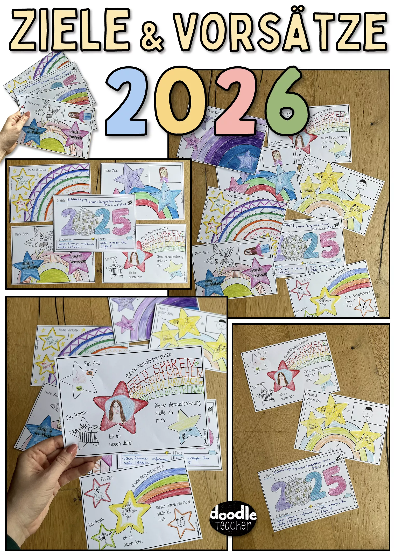 Bild in der Beschreibung des Unterrichtsmaterials ZIELE & VORSÄTZE 2026 - Kreative Reflexionsbögen (Klasse 3-6) Neujahr von Doodleteacher #1