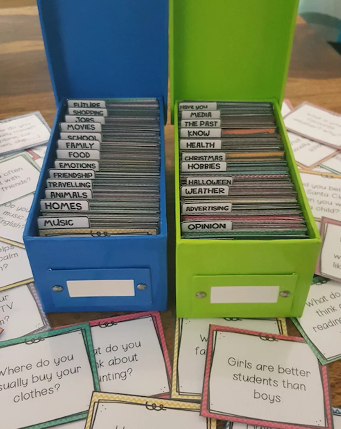 Bild in der Beschreibung des Unterrichtsmaterials Conversation Box (Mehr als 2000 Conversation Cards und 90 Themen für den Englischunterricht) WACHSENDES PAKET von Unterrichtmitspass #1