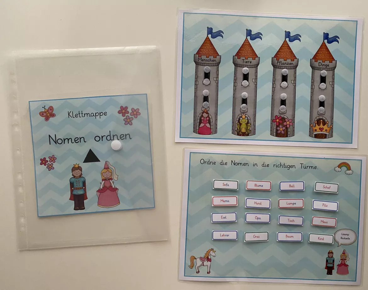 Bild in der Beschreibung des Unterrichtsmaterials Wortartenmärchen: Klettmappe Nomen ordnen, 3-fach differenziert, Deutsch, DaZ von Cupcake
