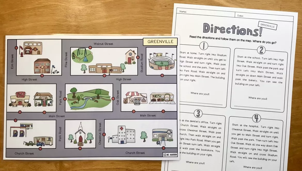 Bild in der Beschreibung des Unterrichtsmaterials DIRECTIONS - maps and worksheets (Leseverstehen) von Ms. Maroon #1