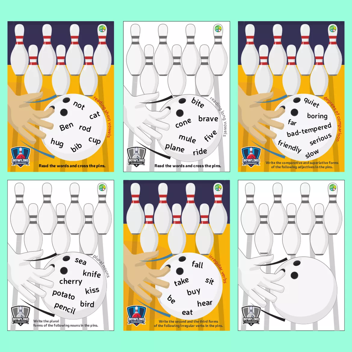 Bild in der Beschreibung des Unterrichtsmaterials Grammar Bowling worksheets von Language Stuff #1