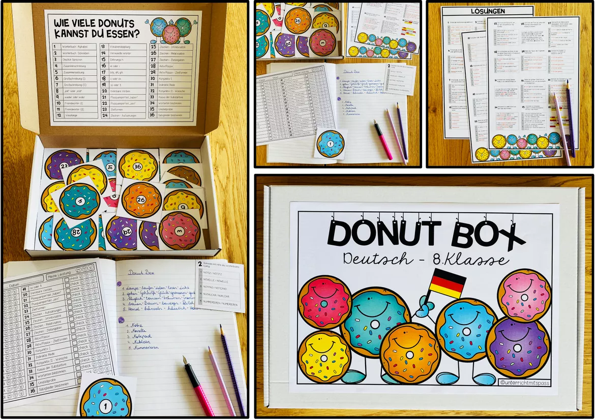 Bild in der Beschreibung des Unterrichtsmaterials DEUTSCH - DONUT BOX (8. Schulstufe) 36 Aufgabenkarten zum Jahresstoff von Unterrichtmitspass #1