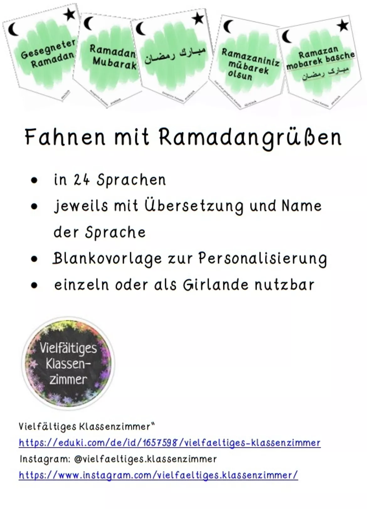 Bild in der Beschreibung des Unterrichtsmaterials Ramadanfahnen mit Grüßen in 24 Sprachen von Vielfältiges Klassenzimmer #1