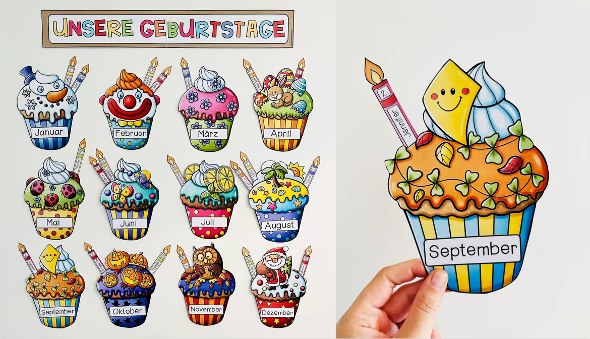 Bild in der Beschreibung des Unterrichtsmaterials Geburtstagskalender (Cupcakes) - Bastelvorlage von Unterrichtmitspass #1