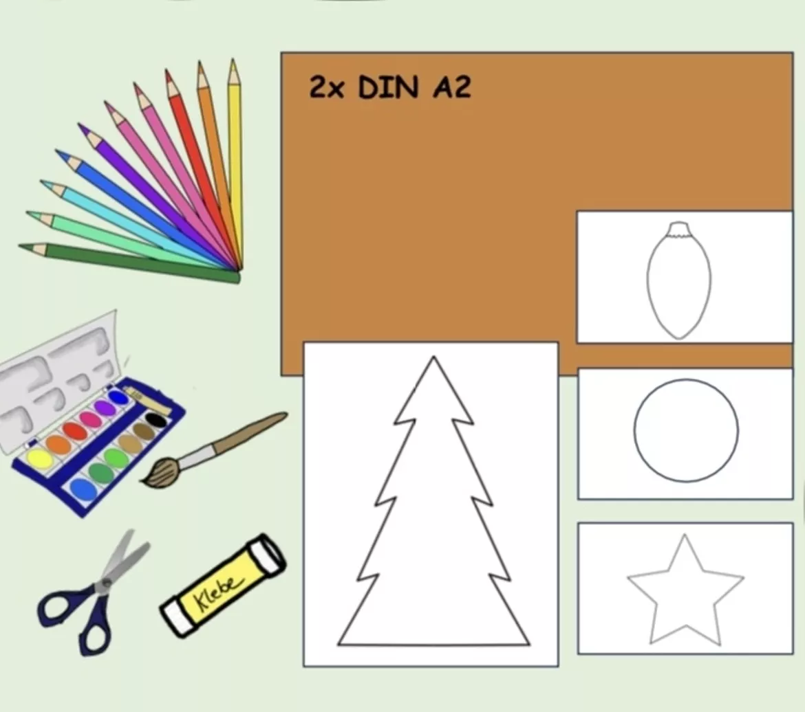 Bild in der Beschreibung des Unterrichtsmaterials Gemeinschaftsbild Weihnachtsbaum schmücken Klasse 1-4 Kunst Schritt für Schritt Anleitung von Bastelkuh #1